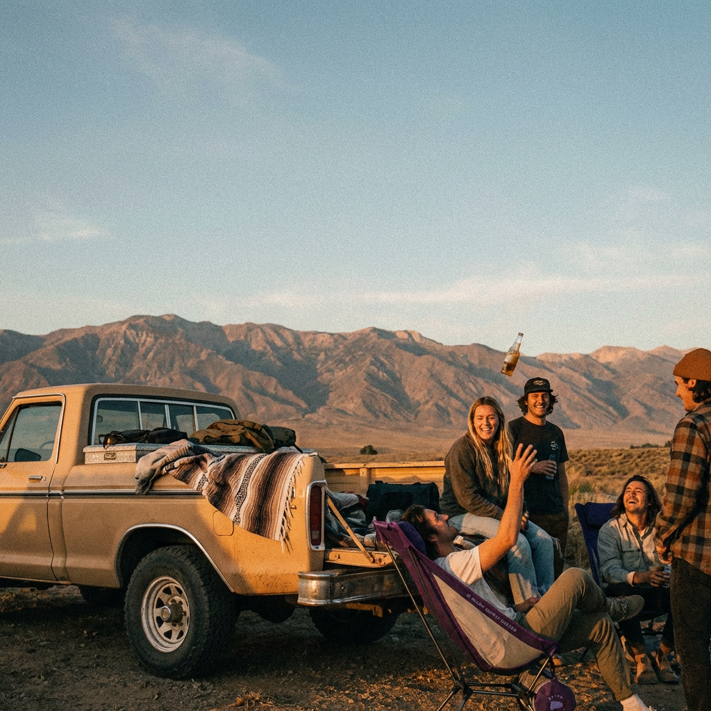 Group of people enjoying a camping trip with a truck and mountains in the background