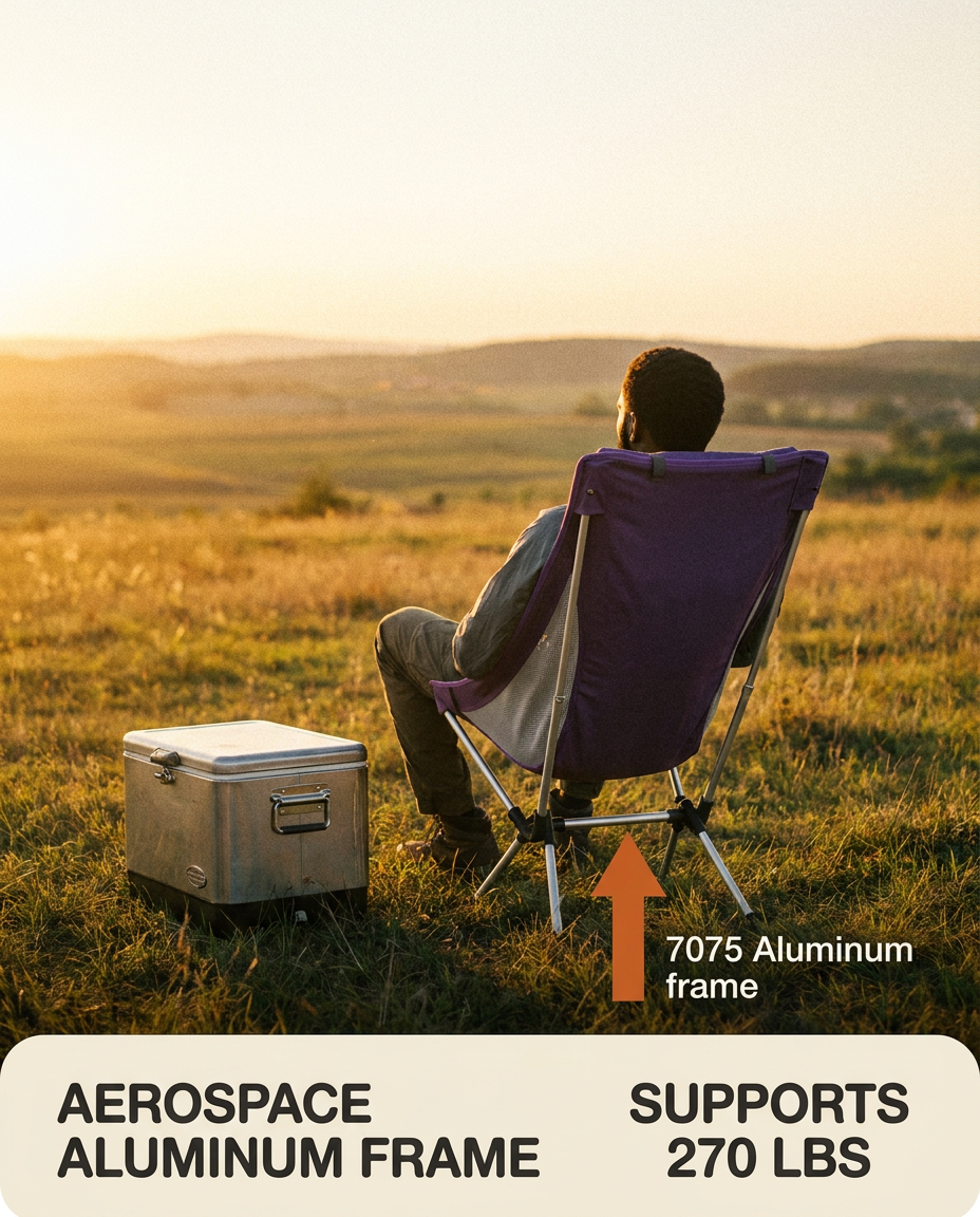 Person sitting in a camping chair with a cooler, enjoying a scenic view with text about the chair's frame material and weight capacity.