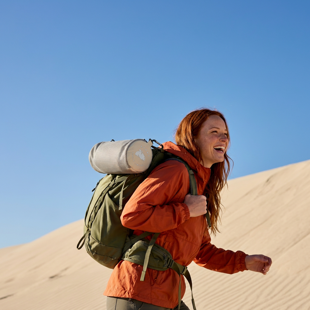Person hiking on sand dunes with a backpack and water bottle