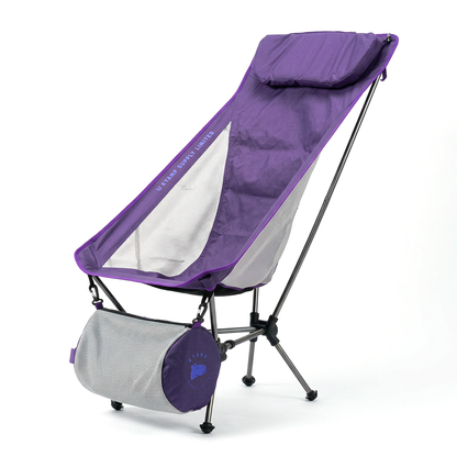 Purple CAPY and gray folding chair with carrying bag on a white background