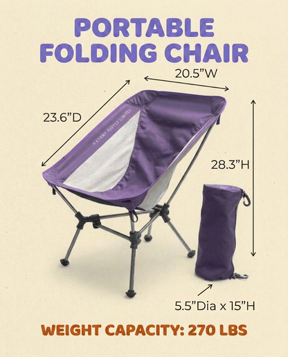 Purple portable folding chair with dimensions and weight capacity on a beige background