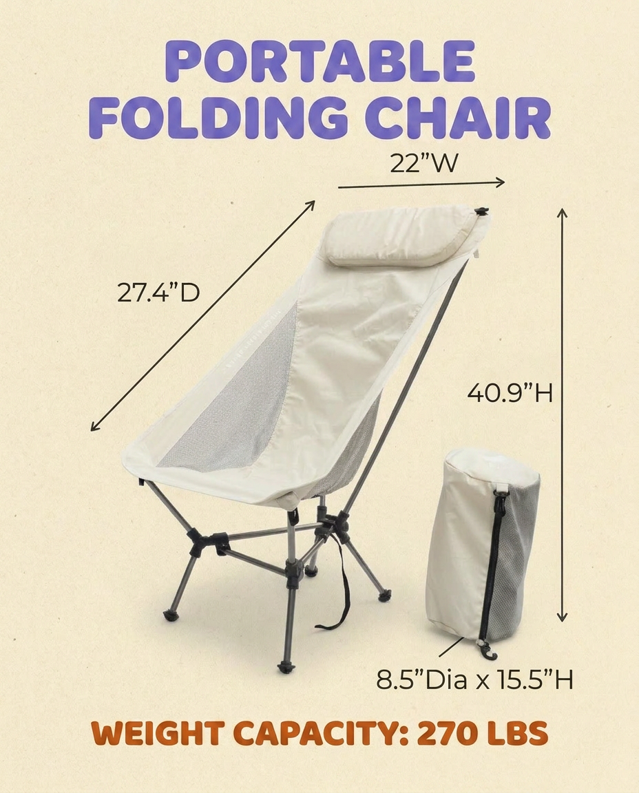 Portable folding chair with dimensions and weight capacity on a beige background