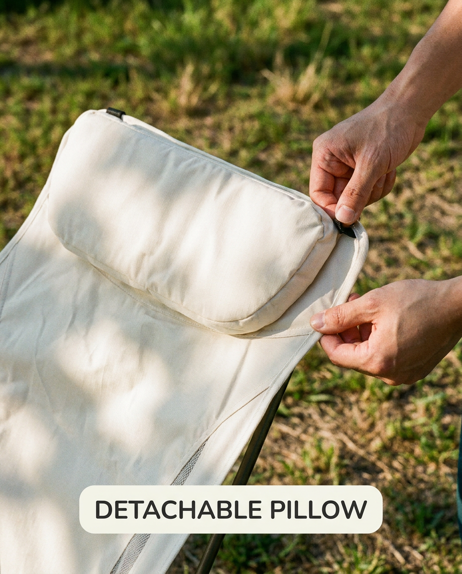 Detachable pillow being attached to a chair outdoors