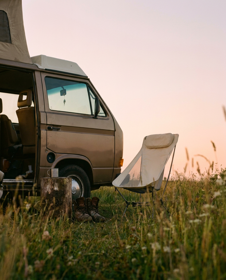 Beige camper van parked in a grassy field with a chair and boots nearby during sunset.
