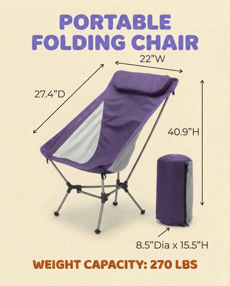Purple folding chair with dimensions and weight capacity on a beige background