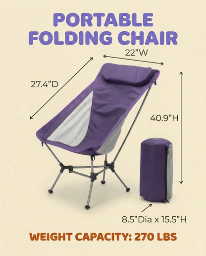 Purple folding chair with dimensions and weight capacity on a beige background