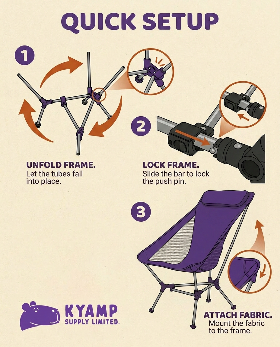 Step-by-step guide on how to set up a KYAMP folding chair with illustrations and text.