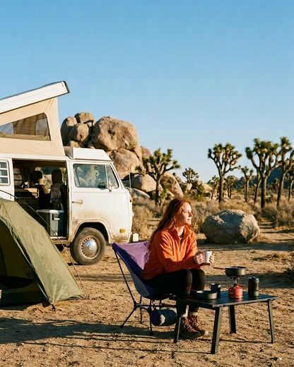 Woman sitting in a purple camping chair Kyamp Supply