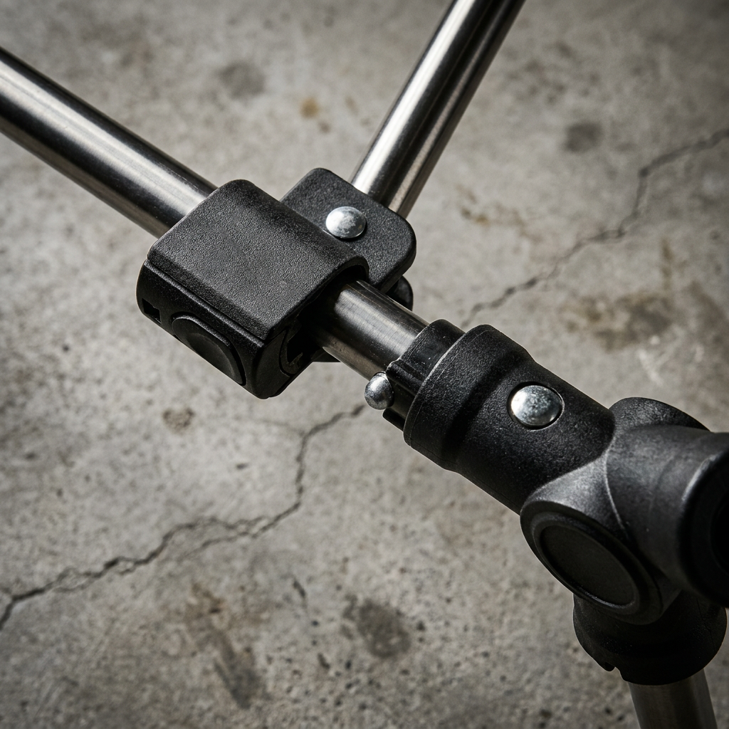 Close-up of a metal rod with black connectors on a textured concrete surface