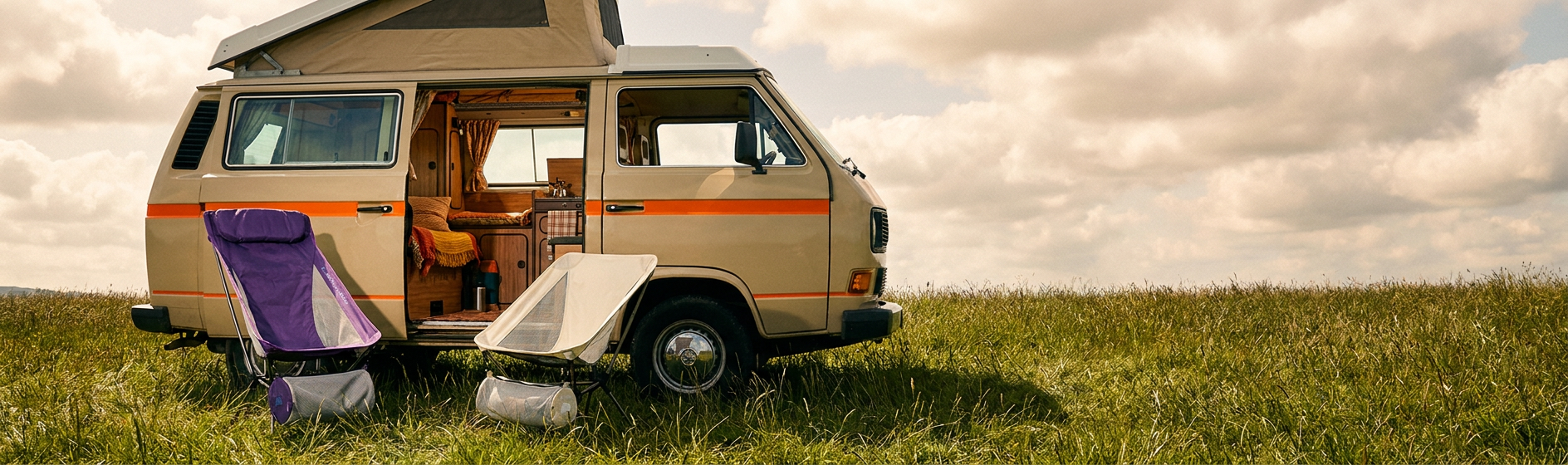 Van with a folded chair and cooler in a grassy field under a cloudy sky