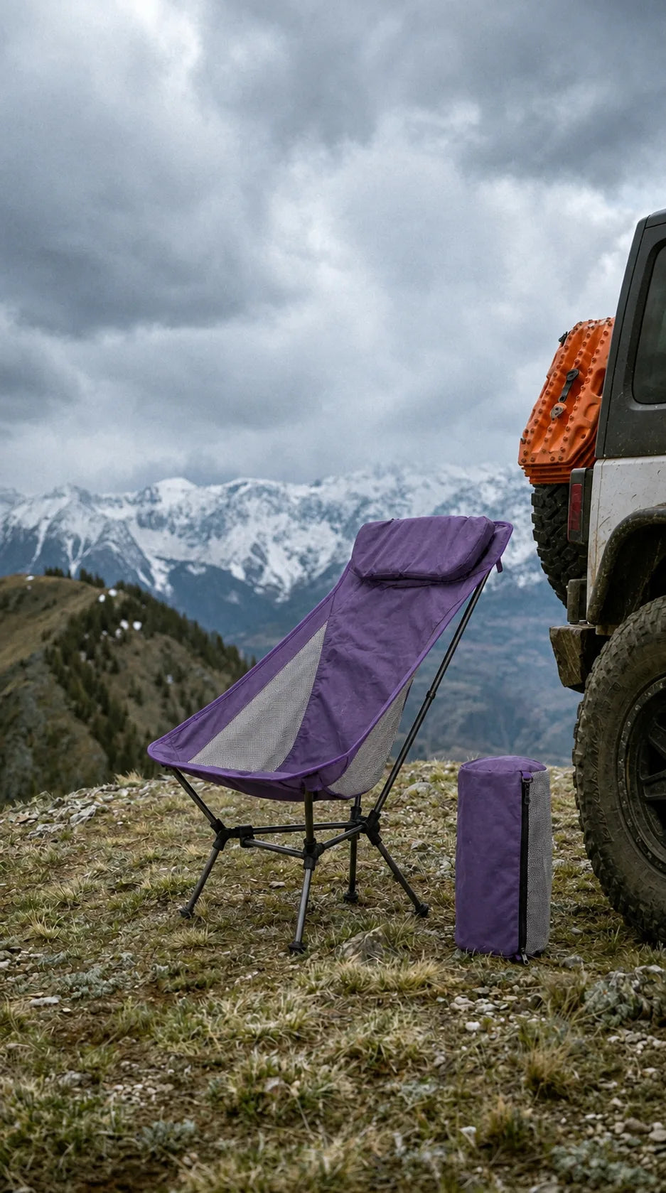 Purple Capy High Back at an alpine pullout beside an off-road vehicle